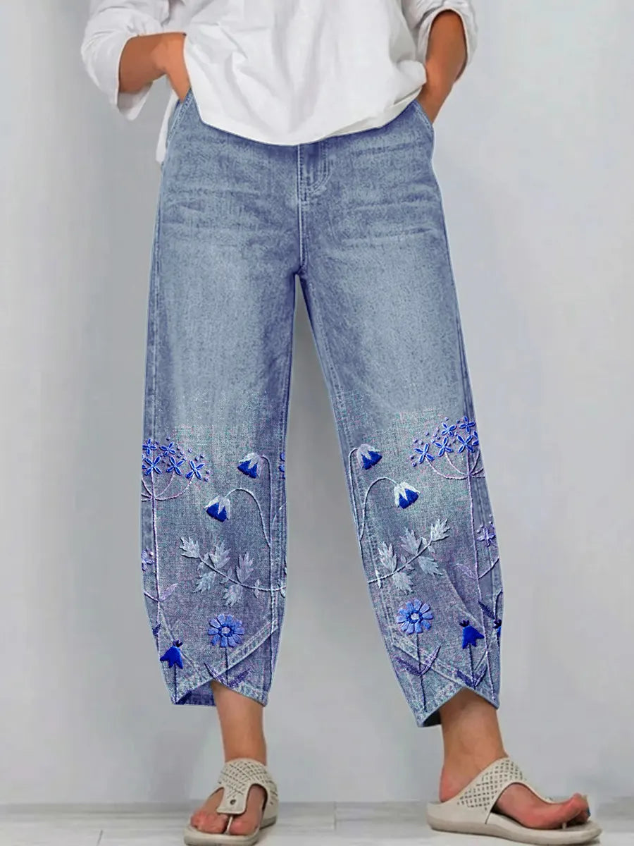 Margherita | Pantaloni Cropped con Ricami Floreali