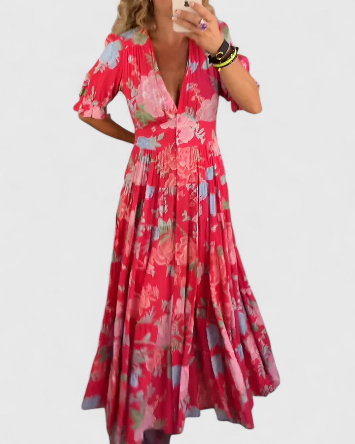 Minelda | Elegante Abito a V con Motivo Floreale