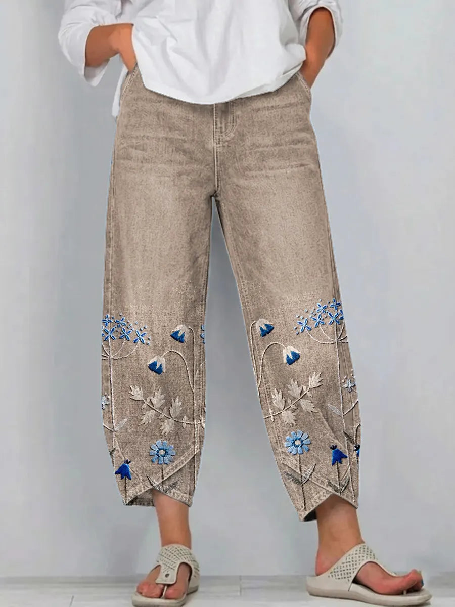 Margherita | Pantaloni Cropped con Ricami Floreali