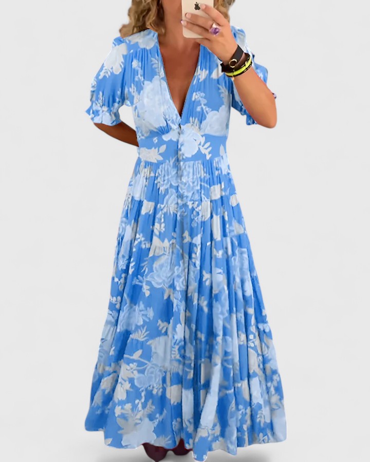 Minelda | Elegante Abito a V con Motivo Floreale