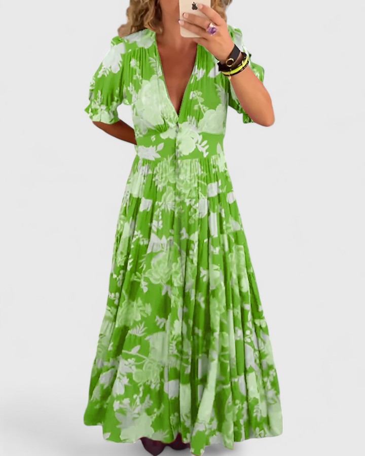 Minelda | Elegante Abito a V con Motivo Floreale