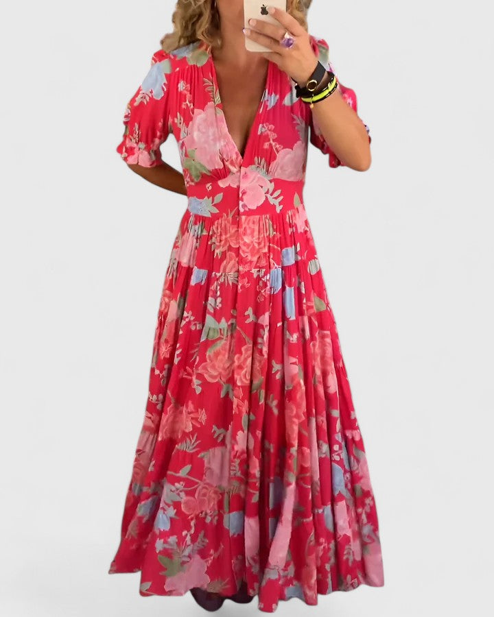 Minelda | Elegante Abito a V con Motivo Floreale