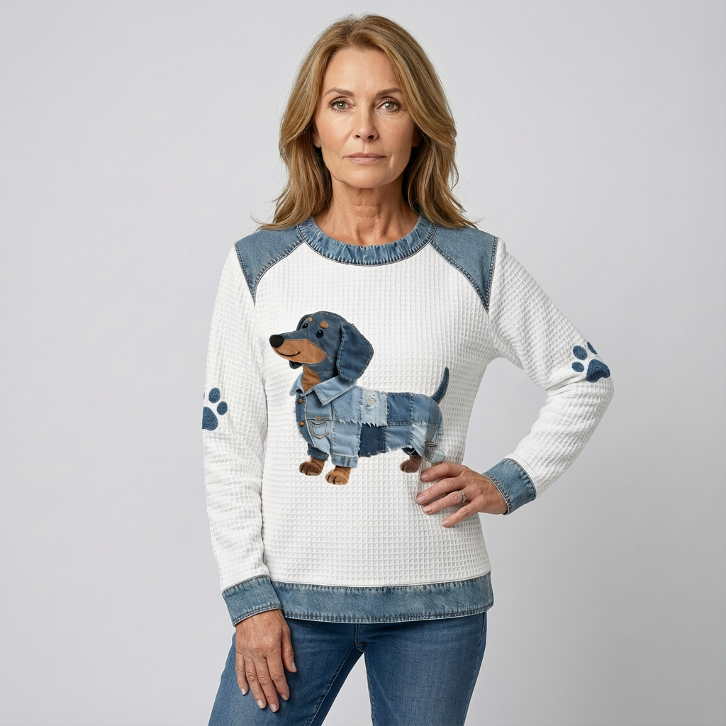 Nuria – Incantevole cane bassotto con patchwork in denim