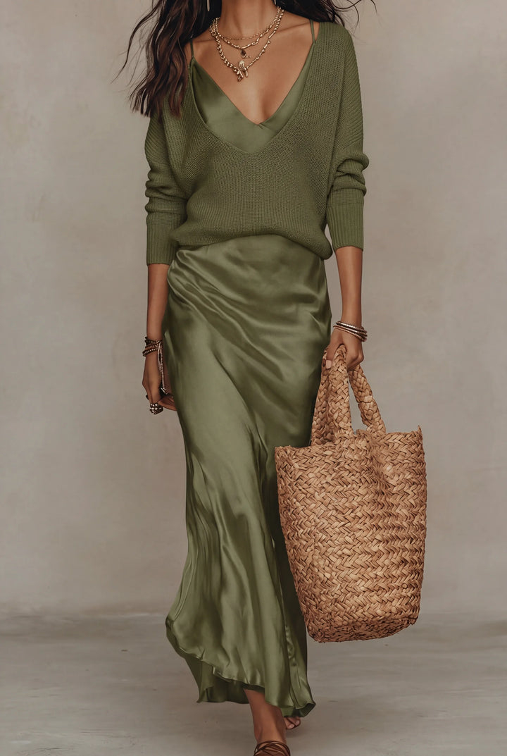 Elena - Abito Midi Satinato con Maglione Incluso