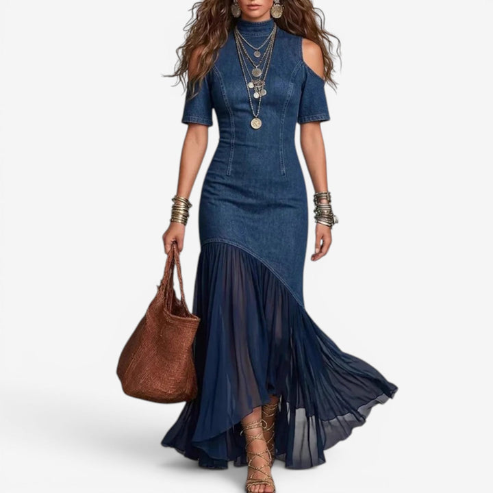 Constanza | Abito Lungo in Denim e Chiffon Plissé