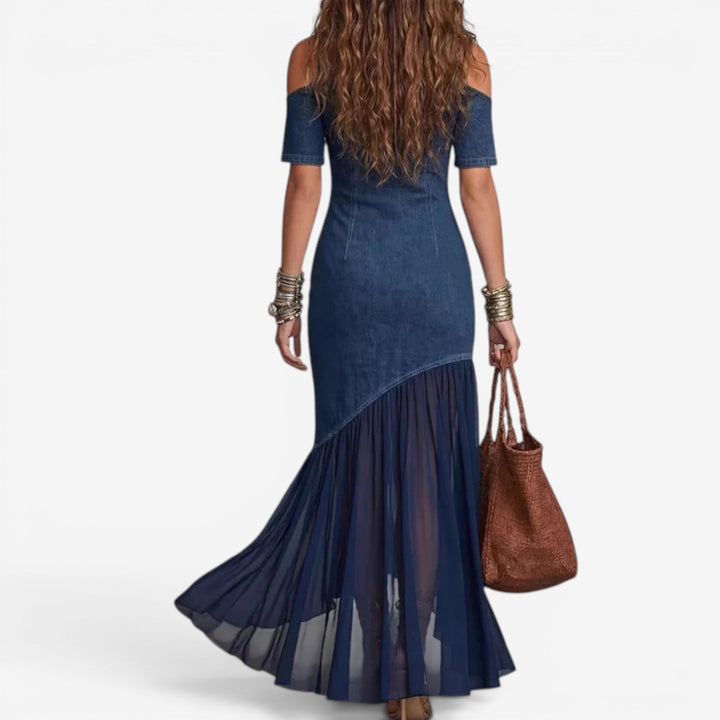 Constanza | Abito Lungo in Denim e Chiffon Plissé
