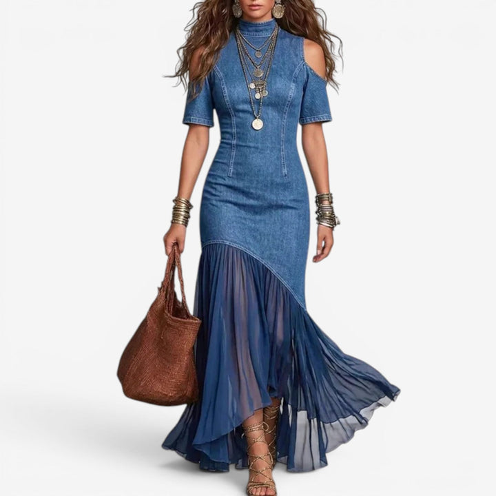 Constanza | Abito Lungo in Denim e Chiffon Plissé