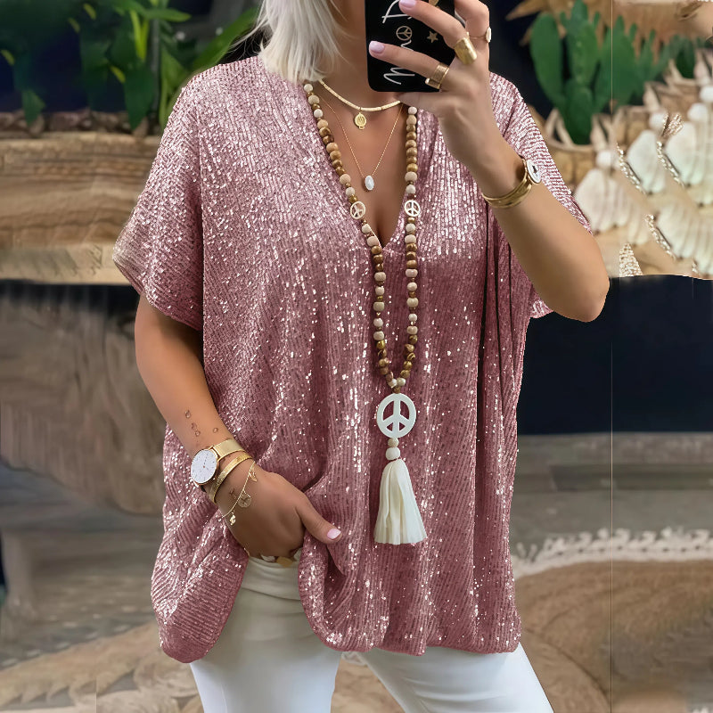 Paola - Maglietta con paillettes e scollo a V