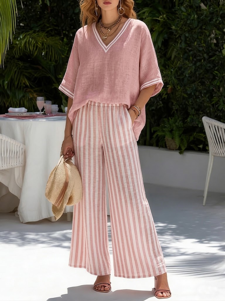 Amélia | Completo a Righe in Lino e Cotone Elegante Casual