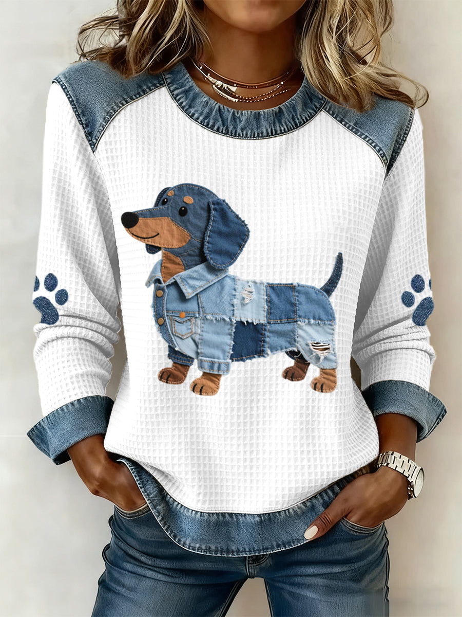 Nuria – Incantevole cane bassotto con patchwork in denim